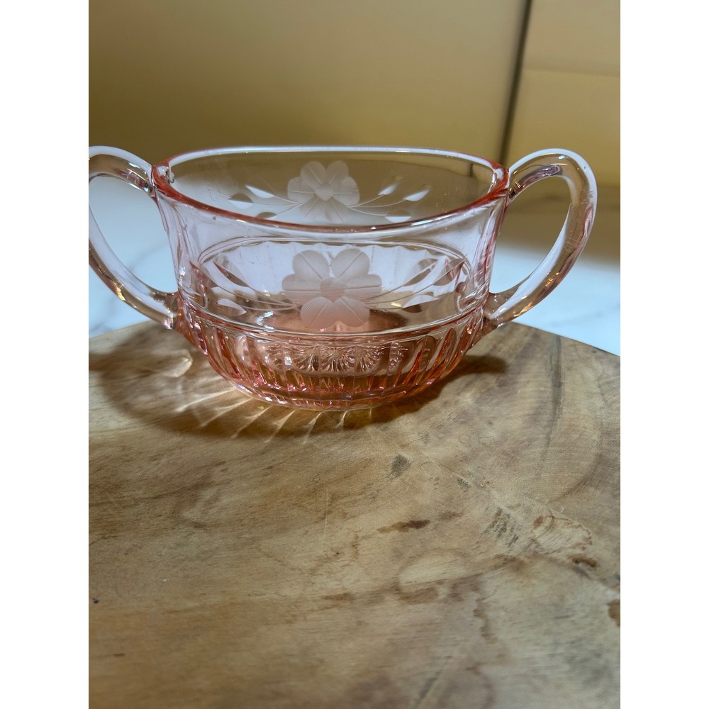 Vintage Pink Depression Glass Sugar Bowl Etched Floral‎ Double Handle Starburst